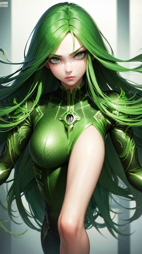 masterpiece, highest quality, (solo focus), (perfect face:1.1), (full body), (high detail:1.1), (hyper detailed eyes), dramatic, a woman with palefreckledskin and long dark green hair, bright green eyes, solo, arrogant expression, neon cybernetic outfit, w...