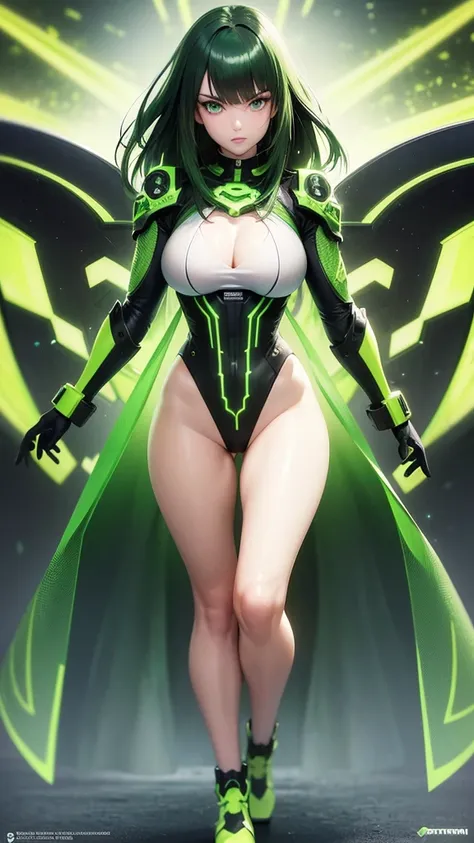 masterpiece, highest quality, (solo focus), (perfect face:1.1), (full body), (high detail:1.1), (hyper detailed eyes), dramatic, a woman with palefreckledskin and long dark green hair, bright green eyes, solo, arrogant expression, neon cybernetic outfit, w...