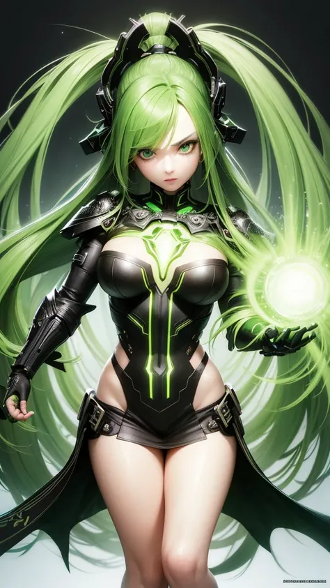 masterpiece, highest quality, (solo focus), (perfect face:1.1), (full body), (high detail:1.1), (hyper detailed eyes), dramatic, a woman with palefreckledskin and long dark green hair, bright green eyes, solo, arrogant expression, neon cybernetic outfit, w...