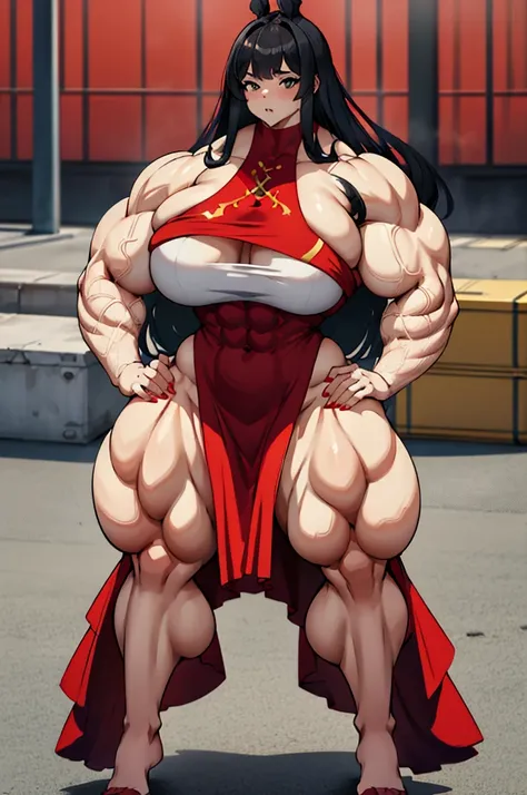 raffe woman in a red dress posing on a street, heavy looking, thicc, giantess art, highly detailed giantess shot, thick body, massive legs towering over you, muscular ultraviolent woman, powerful and huge, hyperrealistic full figure, exaggeratedly large ph...