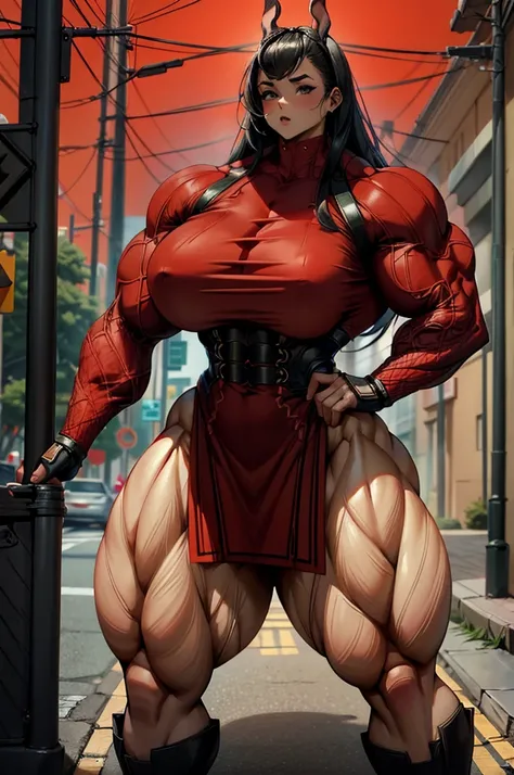 raffe woman in a red dress posing on a street, heavy looking, thicc, giantess art, highly detailed giantess shot, thick body, massive legs towering over you, muscular ultraviolent woman, powerful and huge, hyperrealistic full figure, exaggeratedly large ph...