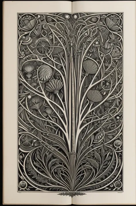 detailed woodcut engraving illustration of alien plants, surreal, in the style of Earnest Haeckel, black on white background