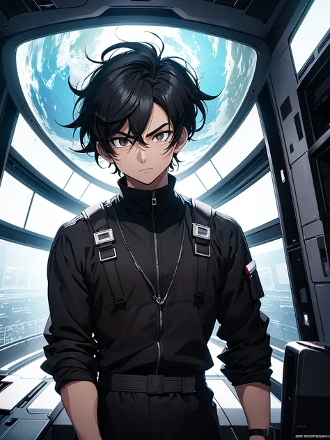 An adult boy with thick, messy black hair, and jet black eyes, designed in the style of Dragon Ball Z. You are aboard a futuristic and advanced spaceship. The ship has an elegant and aerodynamic design, with bright LED lights that illuminate the interior. ...