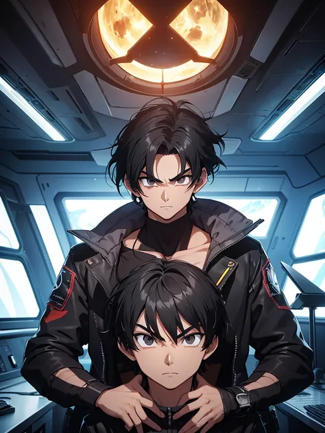 An adult boy with thick, messy black hair, and jet black eyes, designed in the style of Dragon Ball Z. You are aboard a futuristic and advanced spaceship. The ship has an elegant and aerodynamic design, with bright LED lights that illuminate the interior. ...