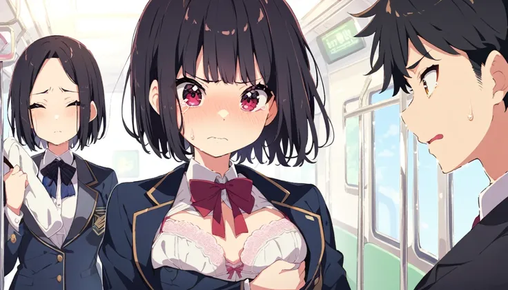 Black hair in a blazer uniform on the train、A girl with a short bob and small breasts is stripped of her blazer and blouse and is left only in a floral bra. A molester touches her breasts over her bra and she cries in disgust.