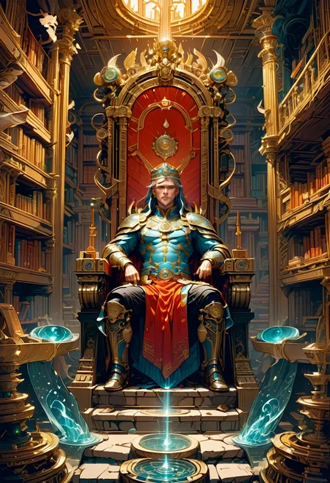 Throne of Power, full body, by Wes Anderson, ancient library, best quality, masterpiece, very aesthetic, perfect composition, intricate details, ultra-detailed