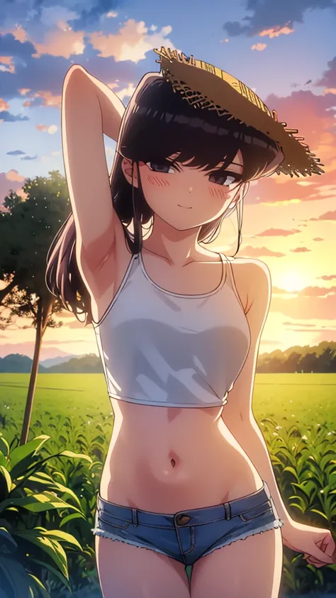 True Face　stand　alone　afternoon　bright　from the front　straight　low length　Cowboy Shot　Place your arms behind your head　Belly button　countryside　Beautiful scenery　Straw hat　Show me your armpit hair　Beauty　blush　Tank top　Shorts　smile　Summer evening　Paddy fie...