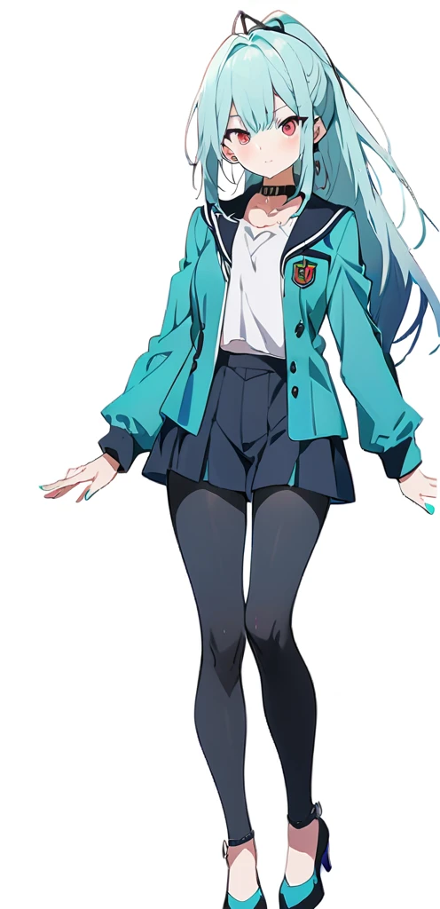 (masterpiece, best quality:1.2), 1girl, solo,((( reference sheet)))), ((( small chest))), (((black collar)), 
((long ponytail turquoise hair))), ((red eyes))), White sleeveless tank top, turquoise uniform school,((turquoise uniform)))( black pantihose),(tu...