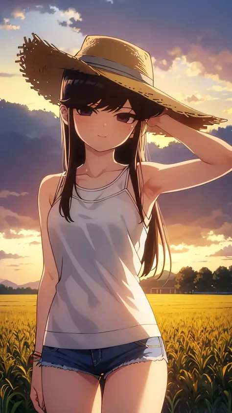 True Face　stand　alone　afternoon　bright　from the front　straight　low length　Cowboy Shot　Place your arms behind your head　countryside　Beautiful scenery　Straw hat　Show me your armpit hair　Beauty　blush　Tank top　Shorts　smile　Summer evening　Paddy field