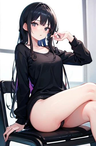 Girl with long black hair, sitting on a chair, opening her legs towards the camera, showing her pussy