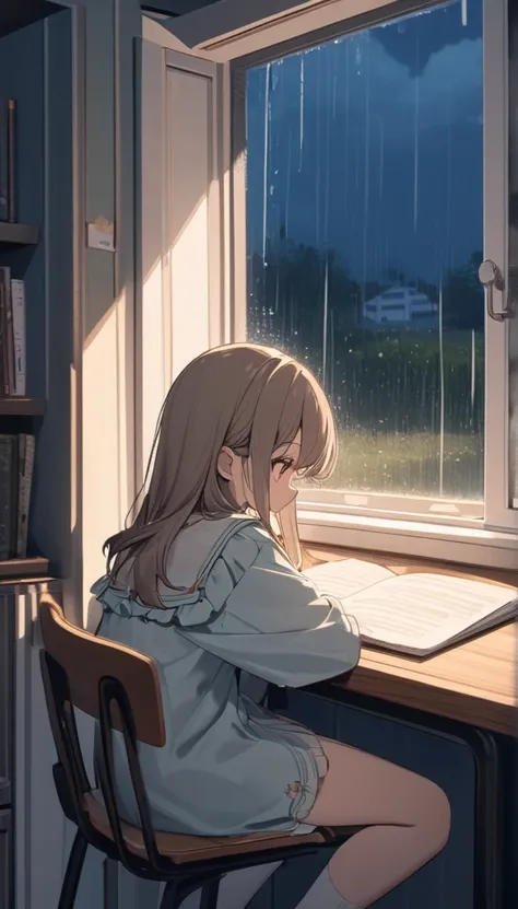 A girl studying at the desk, with rain in the window, cute clothes, cozy ambiance, 8K, Detailed.