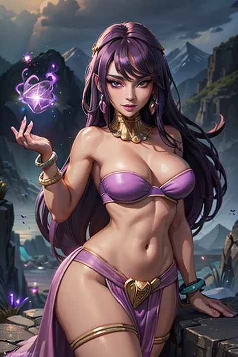 ((ultra quality)), ((masterpiece)), ((Purple-haired long hair)), (Beautiful face), (beautiful female lips), (Fantasy style, Fantasy setting), ((Sorceress)), (25 years old), charming, ((sexy facial expression)), looks at the camera, (dark skin color), (dark...