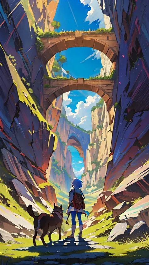 A lone traveler girl with their faithful dog stands under an immense natural stone archway, overlooking an expansive valley with meandering rivers and towering cliffs, under a clear blue sky, abasterpiece)), ((best quality)), ultra detailed,((illustration)...