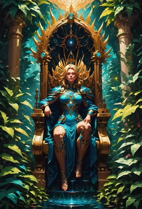 Throne of Power, full body, by Alena Aenami, surrounded by plants, best quality, masterpiece, very aesthetic, perfect composition, intricate details, ultra-detailed