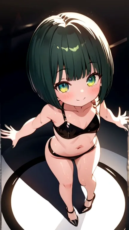 1 girl, medium, (((big ass))), {{{wearing short bikini}}}, (Dark green hair), (((green eyes))), ((((bob hair cut)))), (in the city at night walking down the street and people looking at her), scenery very detailed, (slender), (thin waist), (butt only), lar...