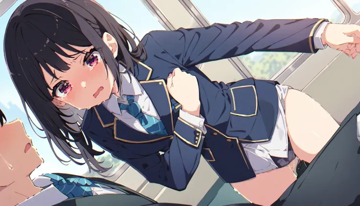 On a train, a girl with short black hair and small breasts in a blazer uniform is crying in disgust as a molester puts his hand inside her panties and rubs her pubic mound.