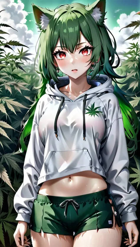   , Croped, , cleavage, slim waist, cropped hoodie underboob, cropped hoodieunderboobhoodie, 1girl, 2 wolf ears, wolf tail, marijuana crop hoodie, crop shorts, marijuana hoodie, spiky hair, spiky fur, green hair, red eyes,marijuana field, tight clothes, pe...