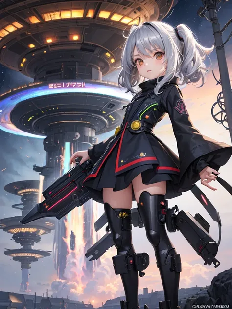 loli,anime,small female,HD,Detailed Background, masterpiece, highest quality,whole body,medium hair,silver hair,messy hair,Frizzy hair,kawaii,behind view,UFO,invaders,raid town