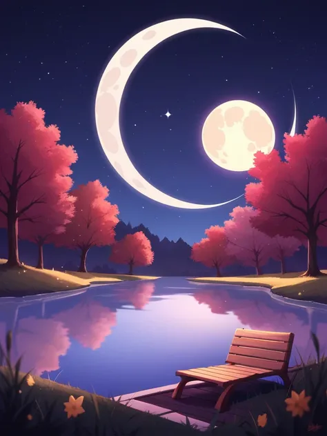 There is a bench in the grass near a lake and a giant tree, cattle grazing near the trees, the moon reflects in the water, full moon in the background, full moon in the background, big moon in the background, big moon in the background!, (moon in the backg...