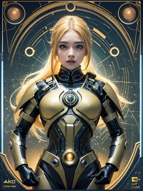 a beautiful young girl with yellow hair, a tight lightning-themed suit, and small breasts, wielding alien thunder weapons in a t...