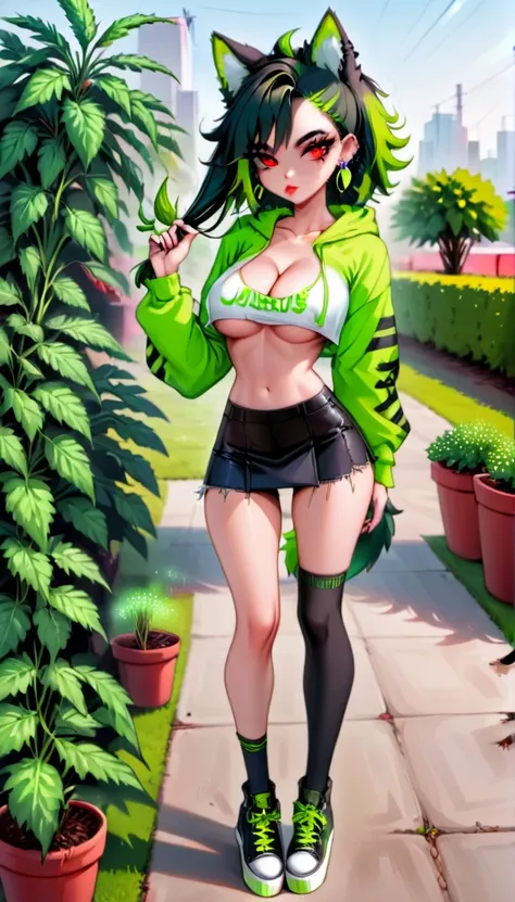   , Croped, , cleavage, slim waist, cropped hoodie underboob, cropped hoodieunderboobhoodie, 1girl, 2 wolf ears, wolf tail, marijuana crop hoodie, crop shorts, marijuana hoodie, spiky hair, spiky fur, green hair, red eyes,marijuana field, tight clothes, pe...