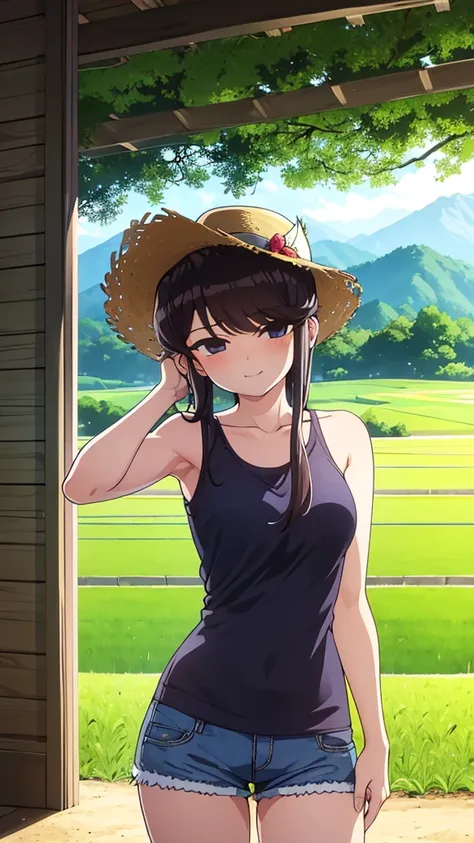 True Face　stand　alone　afternoon　bright　from the front　straight　low length　Cowboy Shot　Place your arms behind your head　countryside　Beautiful scenery　Straw hat　Show me your armpit hair　Beauty　blush　Tank top　Shorts　smile　Summer evening　Paddy field 田んぼ