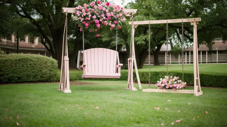 An empty swing, pink roses