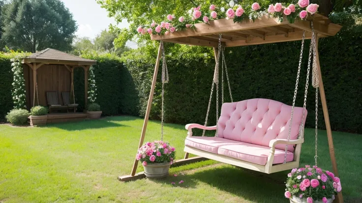 An empty swing, pink roses