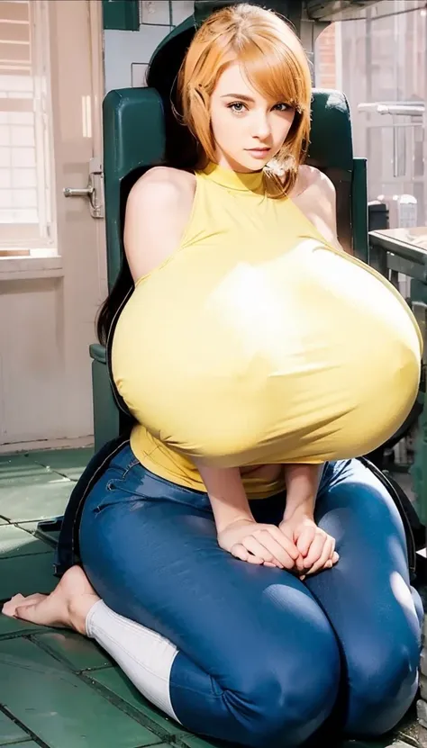 Breast expansion, (enormous boobs), (huge boobs)  , massive breasts, slim girl, thin waist, , dark hair, bigger breasts, beautiful face, undersized yellow shirt,