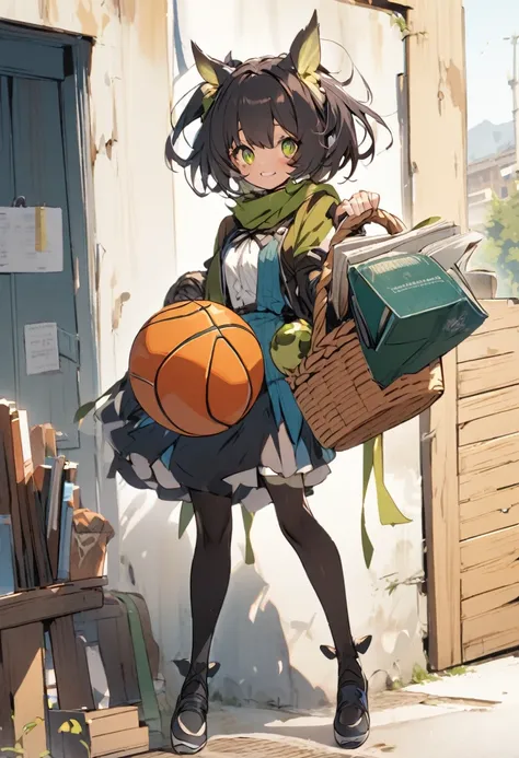 Spider Girl carrying a basket ball and a book 