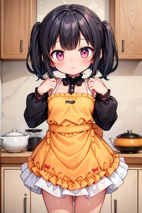 (8K, Highest image quality, highest quality, masterpiece), detailed face, ((loli)), ((girl)), (little loli curve), black hair, short twintails, pink eyes, (tiny breasts), (naked apron), cowboy shot, put your hand on your mouth, kitchen background, ((very b...