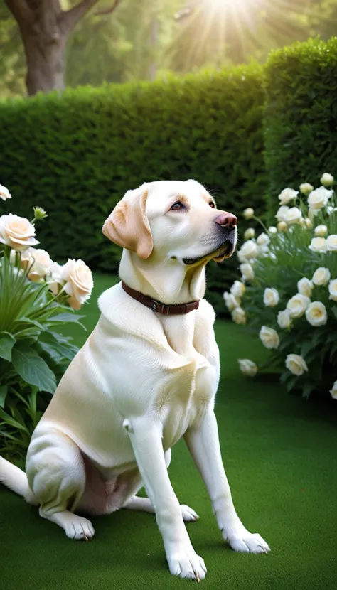 There is no one, realistic photo, photo realism, realism, Labrador Retriever (Labrador Retriever), perfect composition, intricate details, Very sharp, masterpiece, profile, high resolution, looking at the viewer, Full body photo in garden background