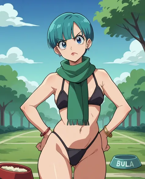 source_anime, score_9, score_8_up, score_7_up, anime screencap,8k, absurd res, bulma, 1girl, solo, looking at viewer, short hair, ((((bowl cut)))), blue eyes, jewelry, blue hair, earrings, outdoors, sky, sleeveless, day, cloud, scarf, :o, bracelet, tree, b...