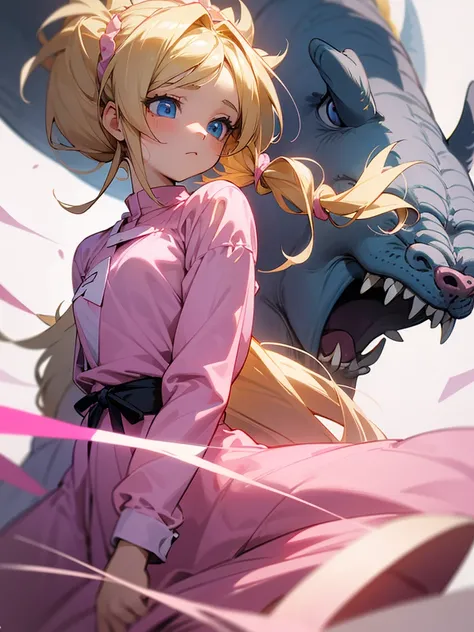 A young girl with dull blonde hair, hairstyle in two low pigtails adorned with faded pink ribbons. Her blue eyes, although once resplendent, now they reflect a deep melancholy and sadness. Designed in the style of Dragon Ball Z, She wears a pink jumpsuit d...