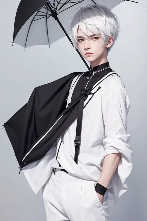 1 character, 2d masculino, anime style art, white clothes with black details, White hair, short short hair, girly face, scar on hand, uses a white umbrella, stylish umbrella, simple art, no realism, Simple sketch, 4 poses