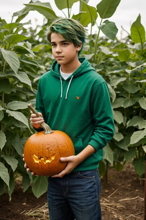 Teenage boy with green hair and pumpkin costume checking plants