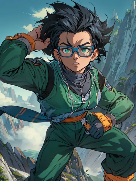 (man, dark skin, long dark blue hair:1.3, square glasses, green eyes:1.1, black pants:1.1), stylized in Dragon Ball style,(mountain background:0.8, fighting:1.2)