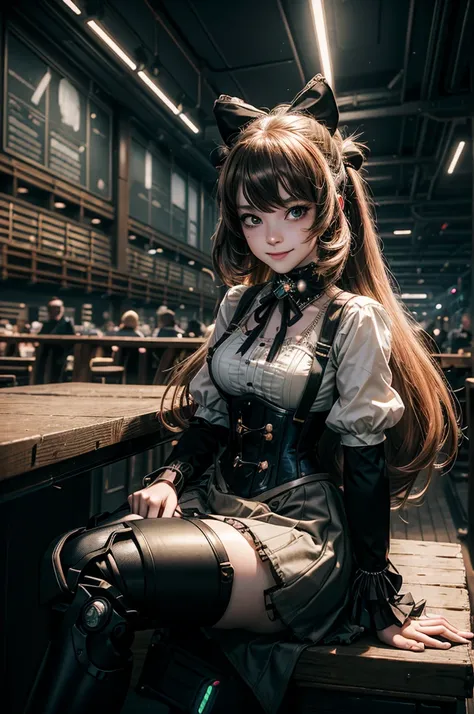 1girl, solo, cowboy shot,  smile,  underbust, Penny Polendina, long hair, neck ribbon, suspender skirt, corset, black bow, white blouse, mechanical legs, neon trim, indoors, sitting at table, in cyberpunk library, crowd, (crowd wearing cyberpunk fashion)

