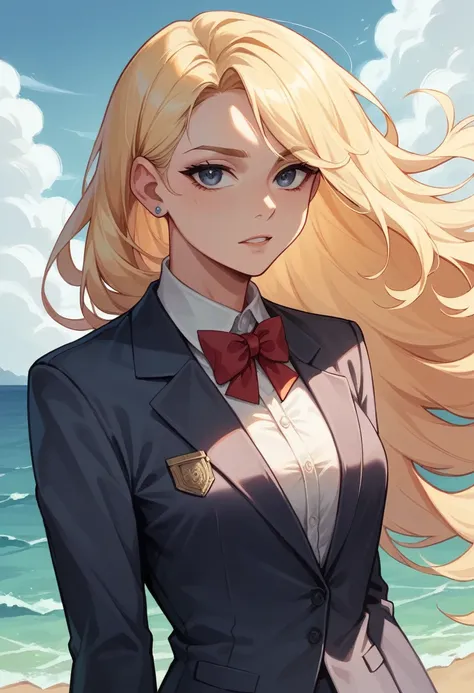 (masterpiece,intricate details), (vulgar),nsfw, 1girl, solo, wave long blonde hair, blazer uniform,