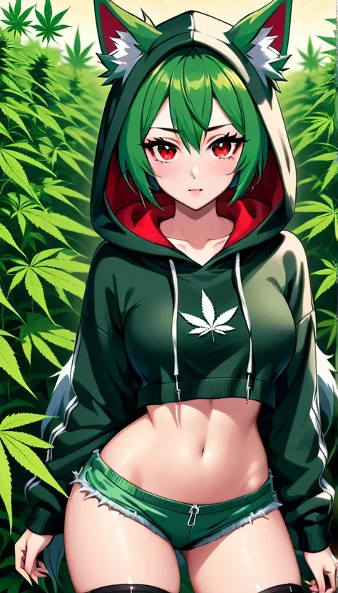   , Croped, , cleavage, slim waist, cropped hoodie underboob, cropped hoodieunderboobhoodie, 1girl, 2 wolf ears, wolf tail, marijuana crop hoodie, crop shorts, marijuana hoodie, spiky hair, spiky fur, green hair, red eyes,marijuana field, tight clothes, pe...