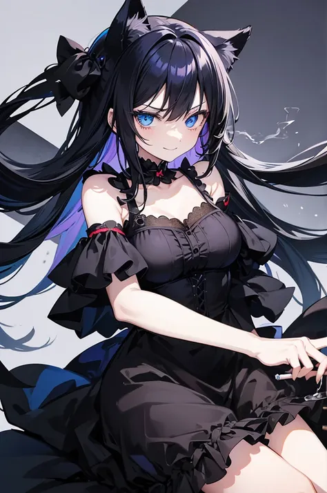 anime girl vtuber black hair blue eyes, on a blue bed with gothic clothing cat ears smiling angry, with a cigarette in his hands