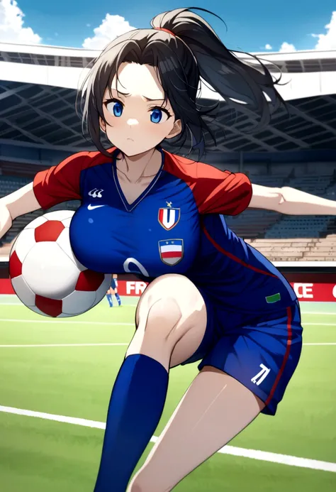 (anime ,2D) a female soccer player of average height ,clear skin,thin face ,blue eyes,black hair with white highlights ,fringe,waist length ,collected in a ponytail,Skinny body,big breasts,small waist, France national team uniform, In a soccer field ,kicki...