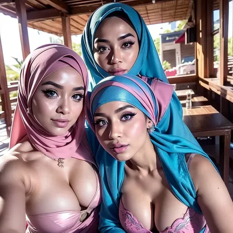 (((NSFW Girls naked and nude, pink tits))), malay, The whole body consists of a young girl with hijab bikinis Kimono, Eye makeup, 38 year old, Cat ears, Soft lighting, groups, Wear shabby clothes, Dirty, red futuristic military uniform, Cats paw badge, Pos...