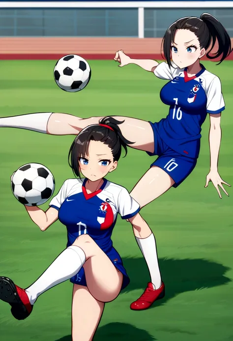 (anime ,2D) a female soccer player of average height ,clear skin,thin face ,blue eyes,black hair ,waist length ,white bangs,collected in a ponytail,Skinny body,big breasts,small waist, France national team uniform, In a soccer field ,kicking a ball with a ...