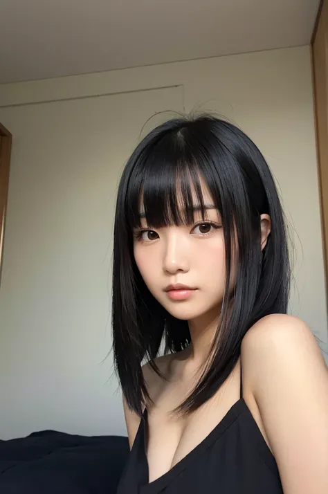 Wearing a camisole,A Japanese woman with long black hair and bangs,Sexy,Highest quality,Face close-up,bedroom