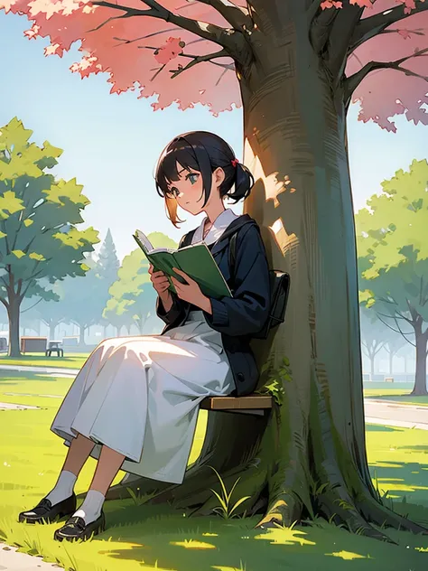 Girl sitting under a tree, reads the newspaper