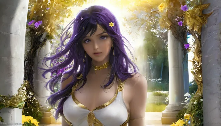 hdr digital image, 8k, most beautiful image in the world, tall trees surrounded by tall trees, colorful flowers, ivory columns with gold, a passage to another world, a beautiful young Italian woman, black eyes, 30 years old, cute, long purple hair , near t...