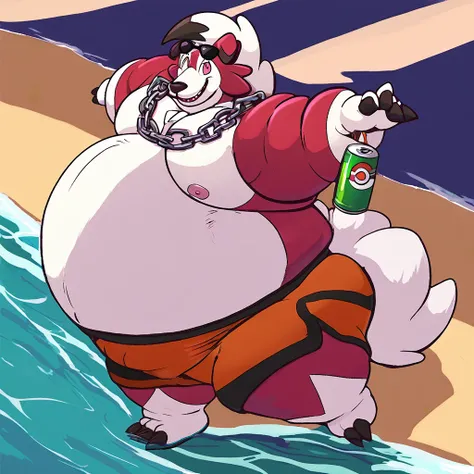 score_9_up, solo, male Lycanroc, anthro, male, pokemon, pokemon (species), generation 1 pokemon, sunglasses on head, chain necklace, bracelet, shirtless, swim shorts, smiling, holding soda can, beach, inflated arms, inflated legs, hyper inflation