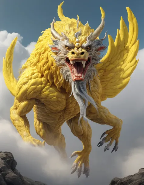 Haetae, a korean mythical creature, above yellow cloud, 4K, super detail, anatomically correct, high details, best quality