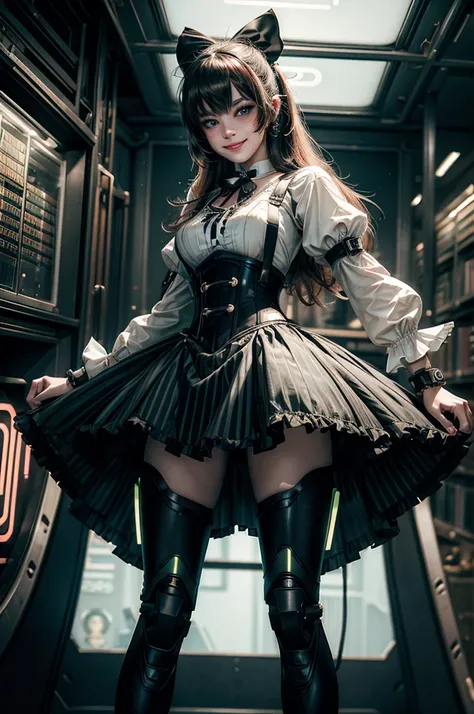 1girl, solo, cowboy shot,  smile,  underbust, Penny Polendina, long hair, neck ribbon, suspender skirt, corset, black bow, white blouse, mechanical legs, neon trim, indoors, sranding, dynamic pose, in cyberpunk library, crowd, (crowd wearing cyberpunk fash...